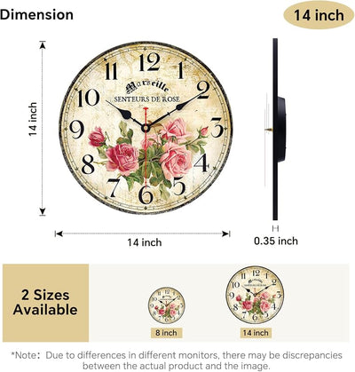 Reloj pared madera redondo 14pulg cuarzo vintage floral