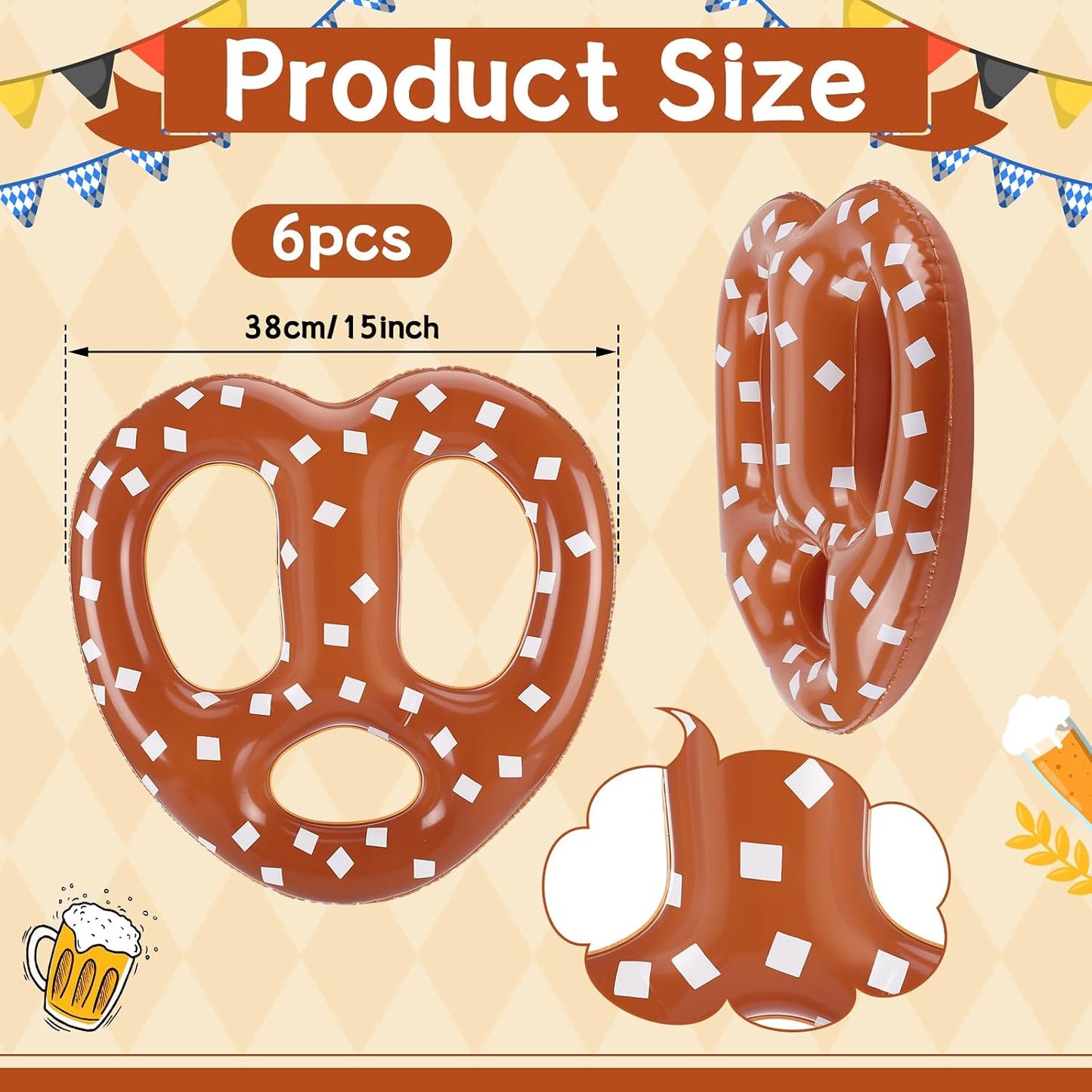 6 Pzas Pretzels Inflables Oktoberfest 15" Decoración Alemana
