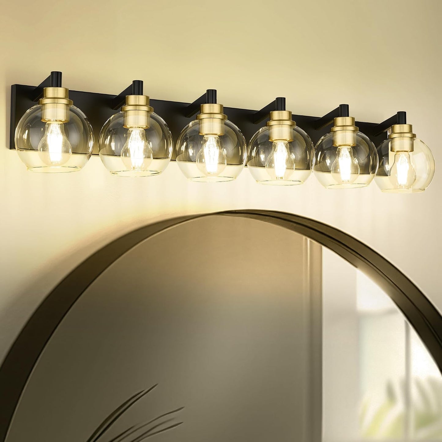 Lámpara baño 6 luces negras y doradas 38pulg apliques