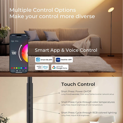 Lámpara pie RGBWW 2800lm 69.3pulg control voz app giratoria