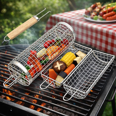 Cesta parrilla giratoria acero inox 304 para vegetales y kebab