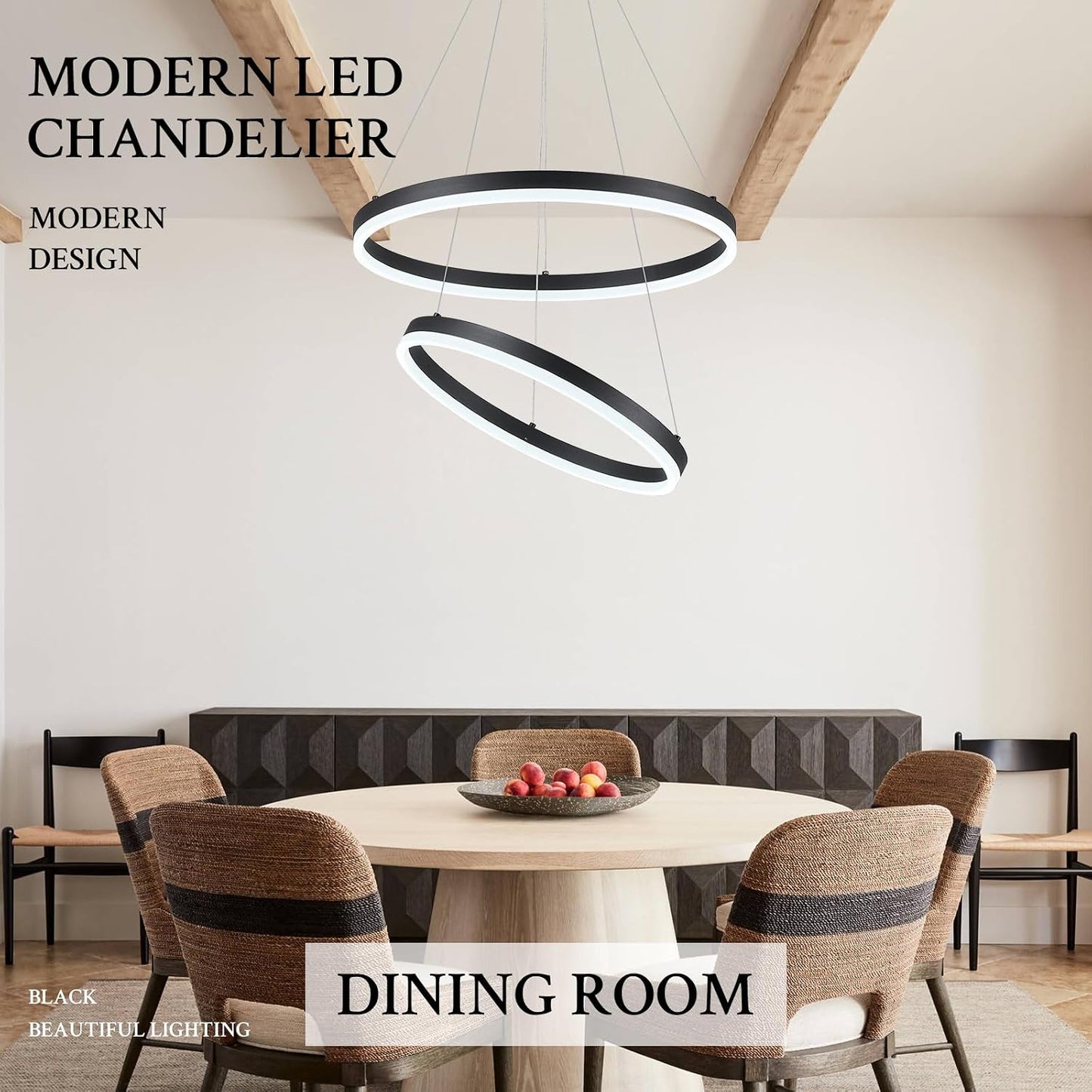 Candelabro LED Negro 2 Anillos Luz Colgante Control Remoto