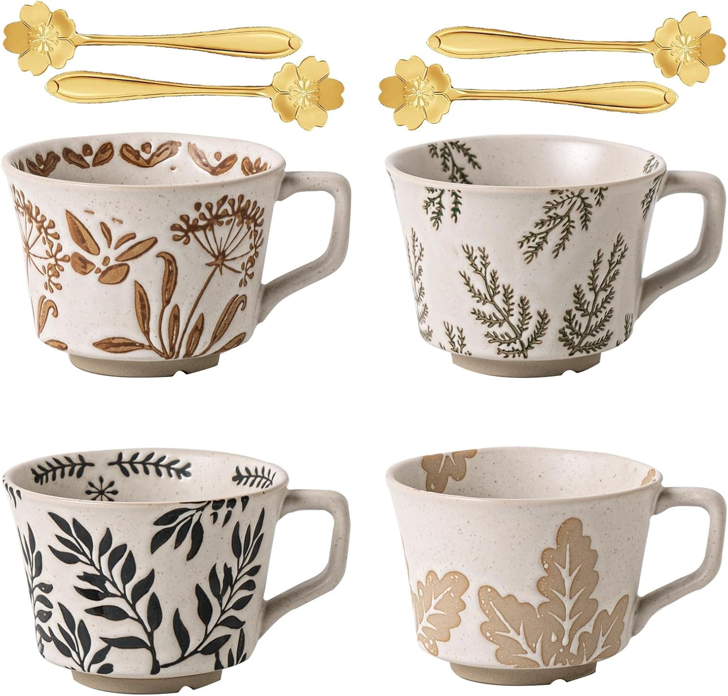 Set 4 Tazas Cerámica 12oz con Cuchara Flores