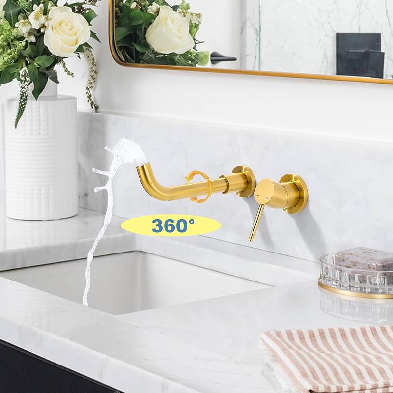 Grifo baño pared dorado cepillado una manija caño giratorio