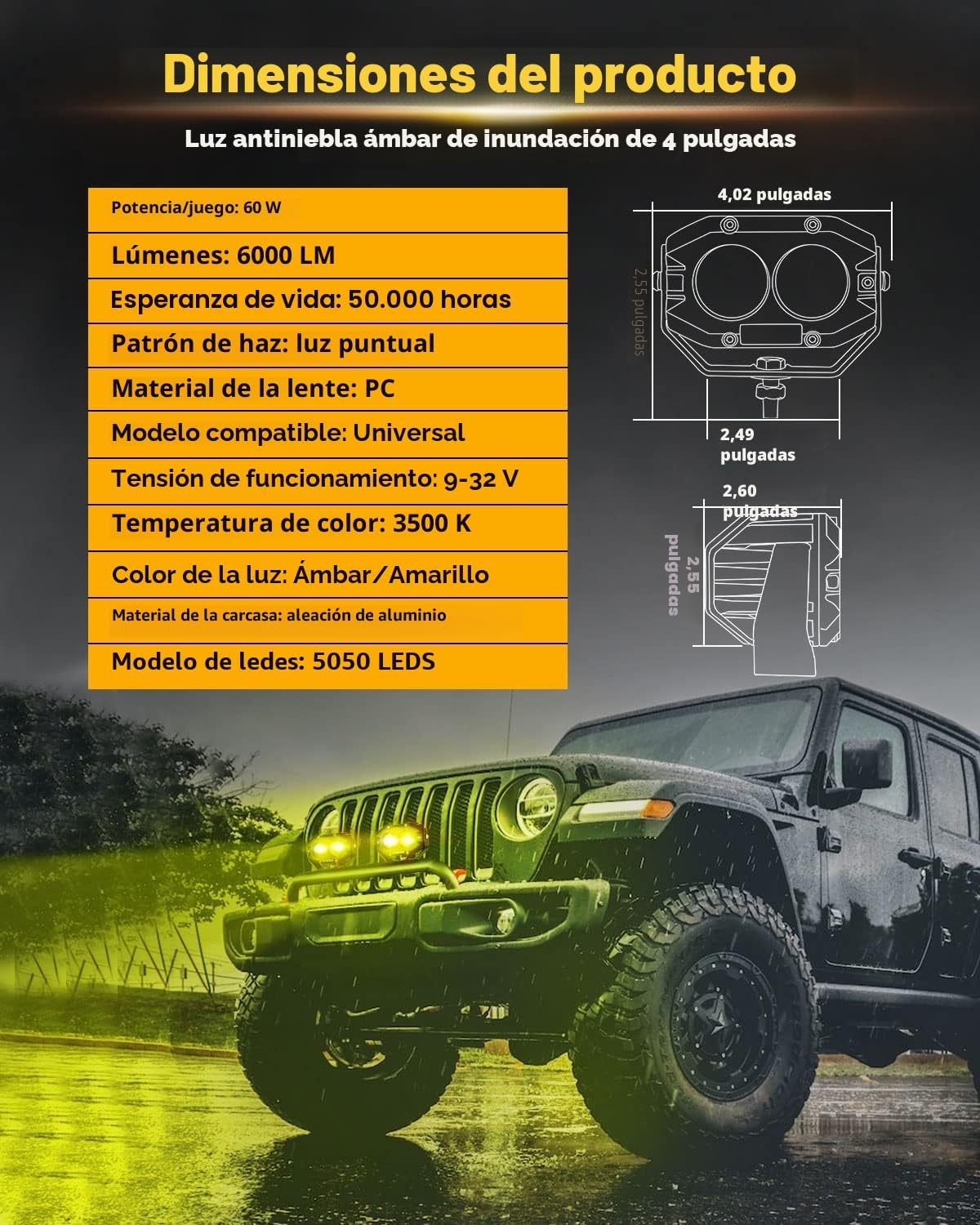 Luces antiniebla ámbar 4" 60W LED haz puntual todoterreno
