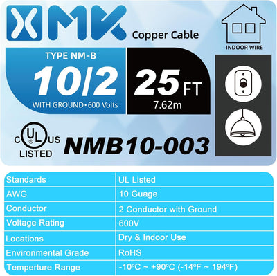 Cable NM-B 10/2 25pies con tierra alambre cobre 10AWG