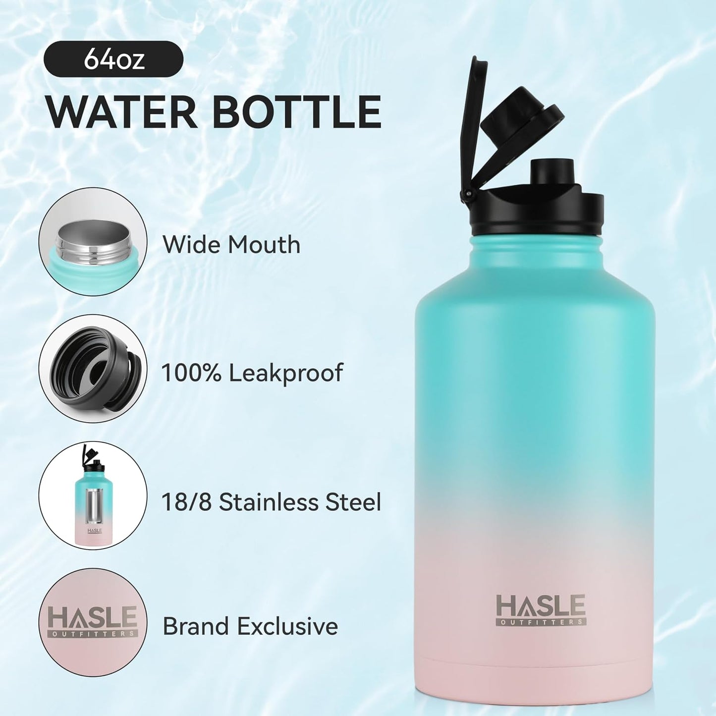Botella agua acero inox 64oz 2 tapas aislada 48h