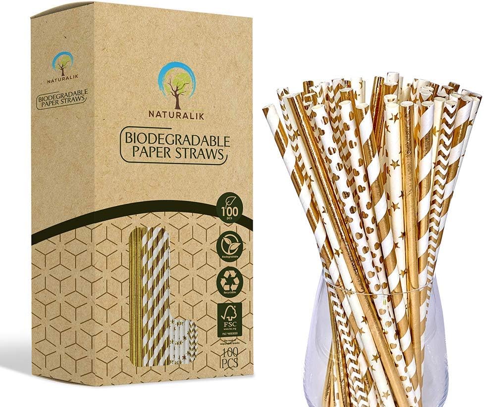 100 Pajitas Papel Dorado Biodegradables para Fiesta