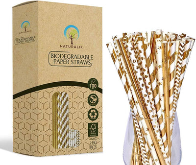 100 Pajitas Papel Dorado Biodegradables para Fiesta