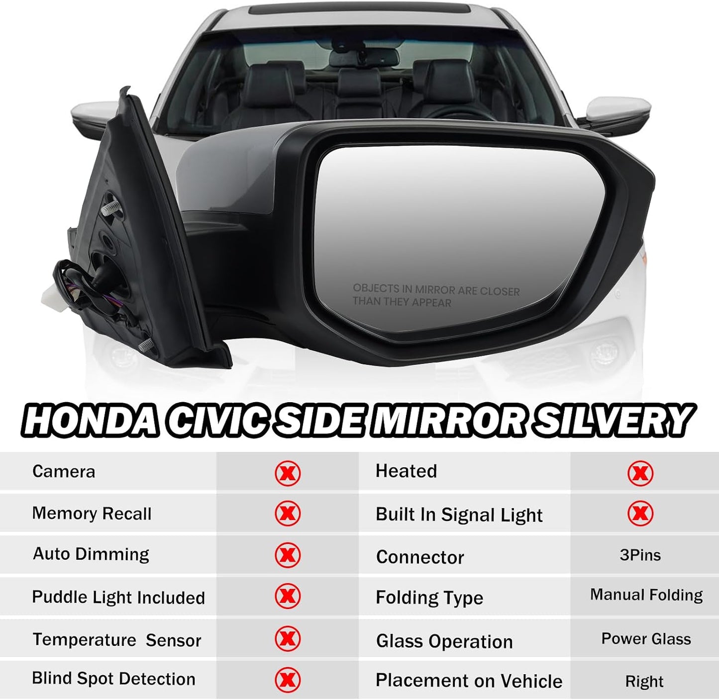 Espejo lateral pasajero Honda Civic 16-21 plateado