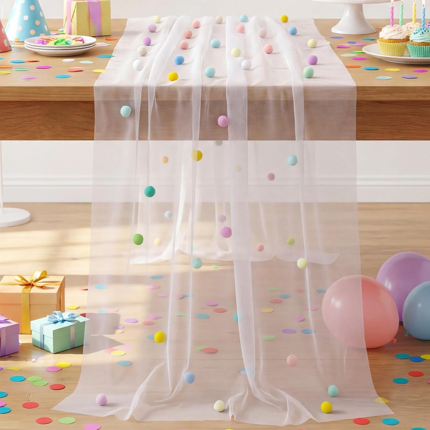 Camino mesa tul confeti 3D 27.5x120pulg diseño lunares pastel