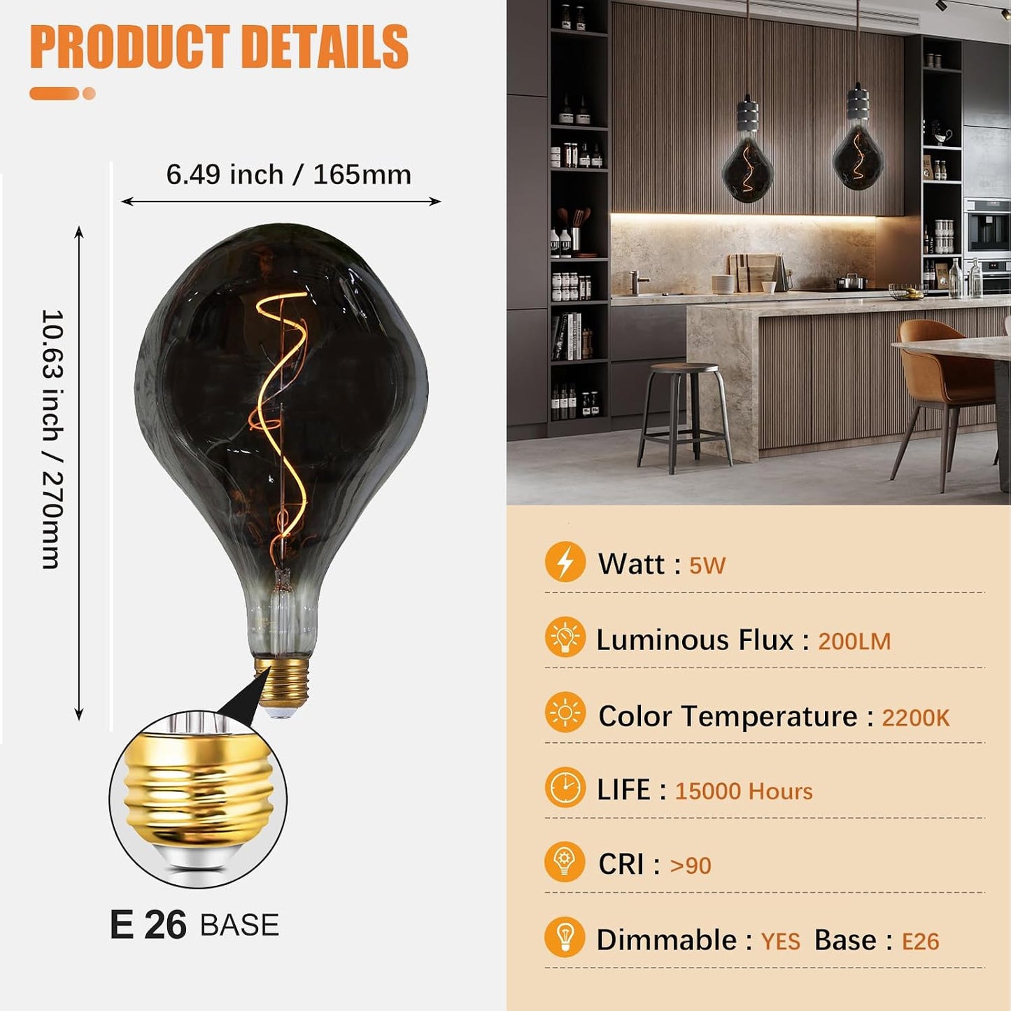 Bombilla LED Edison E26 5W 2200K blanco cálido regulable