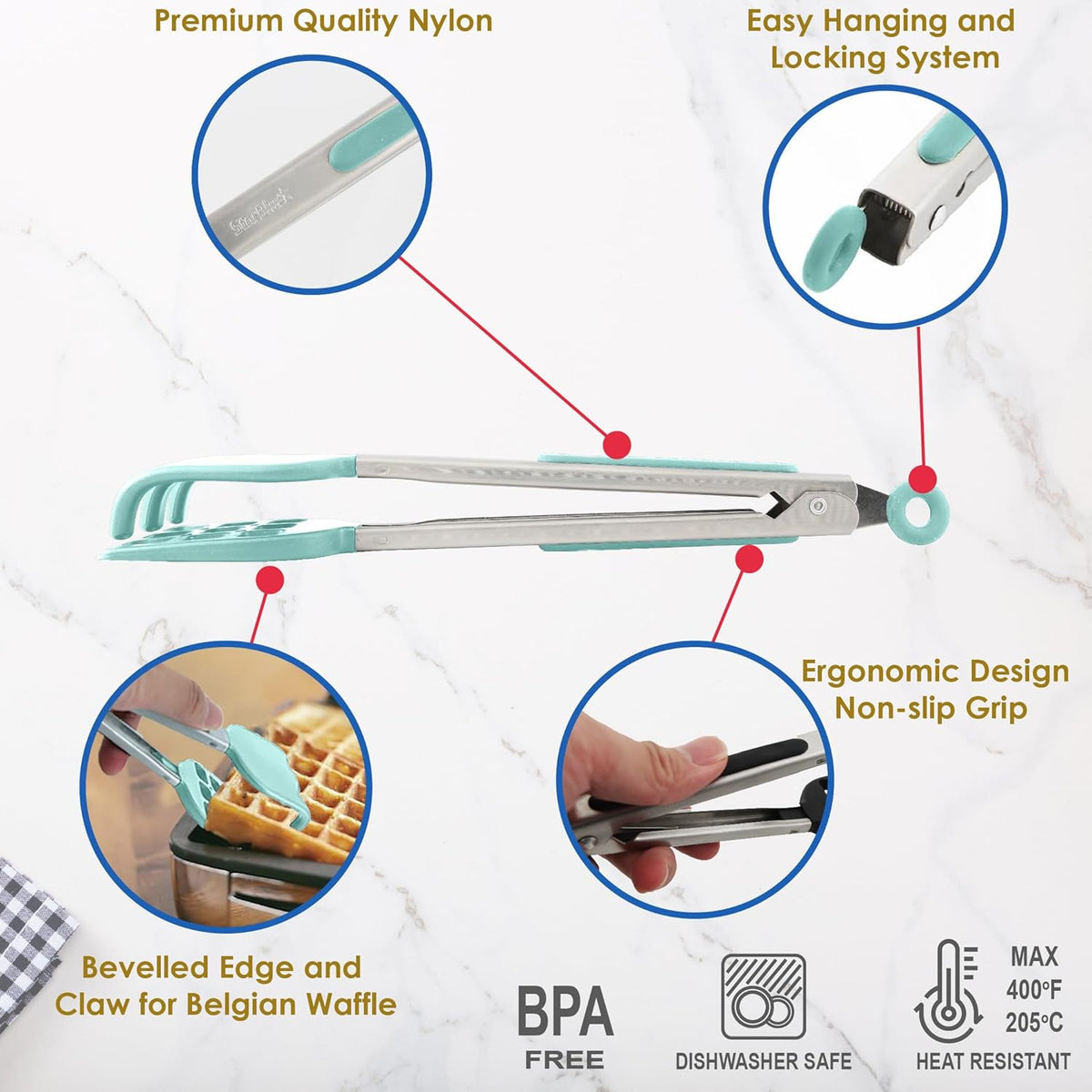 Pinzas gofres 10pulg silicona y nailon antideslizantes multiusos