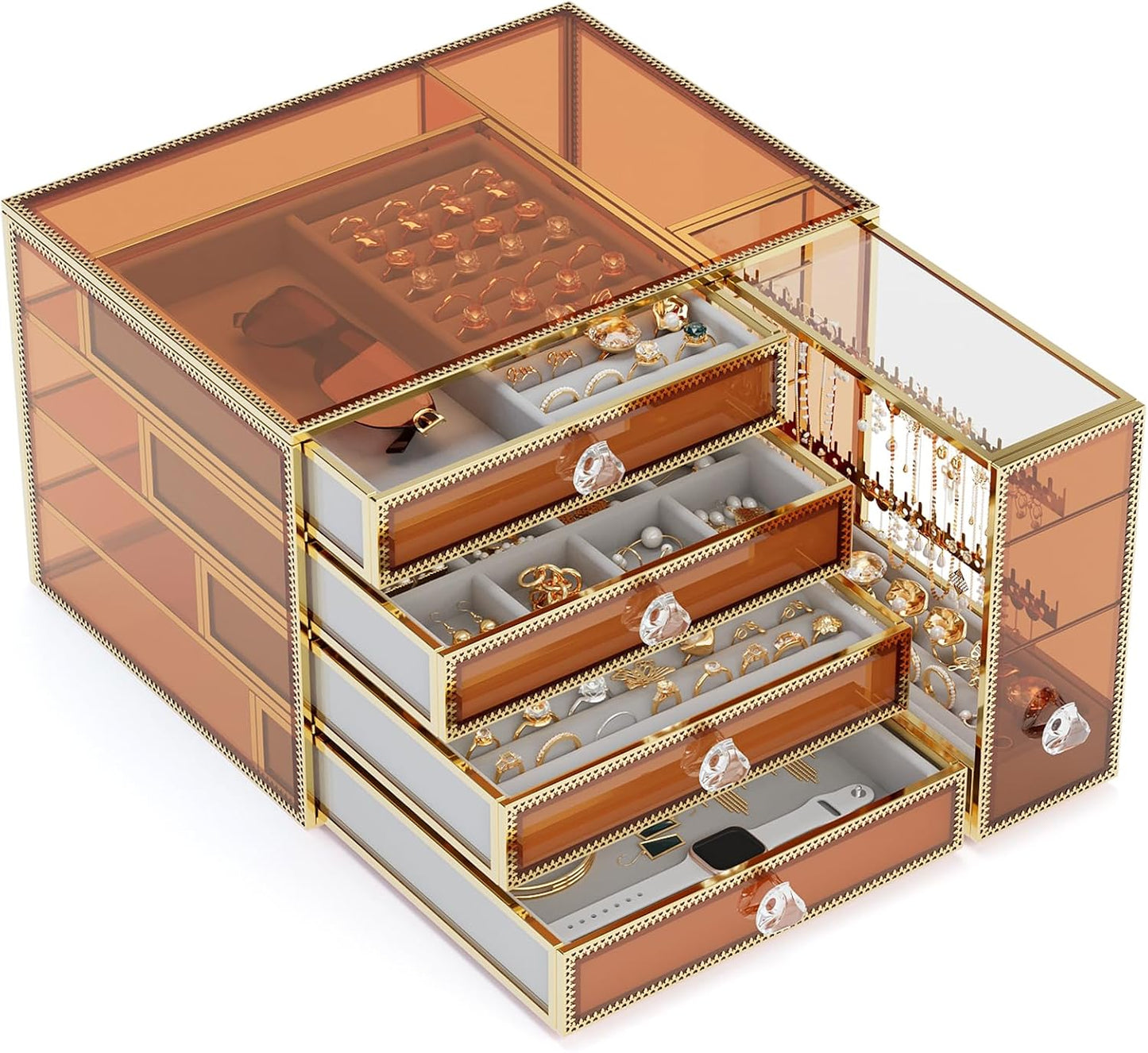 Caja organizadora joyas vidrio 5 cajones terciopelo