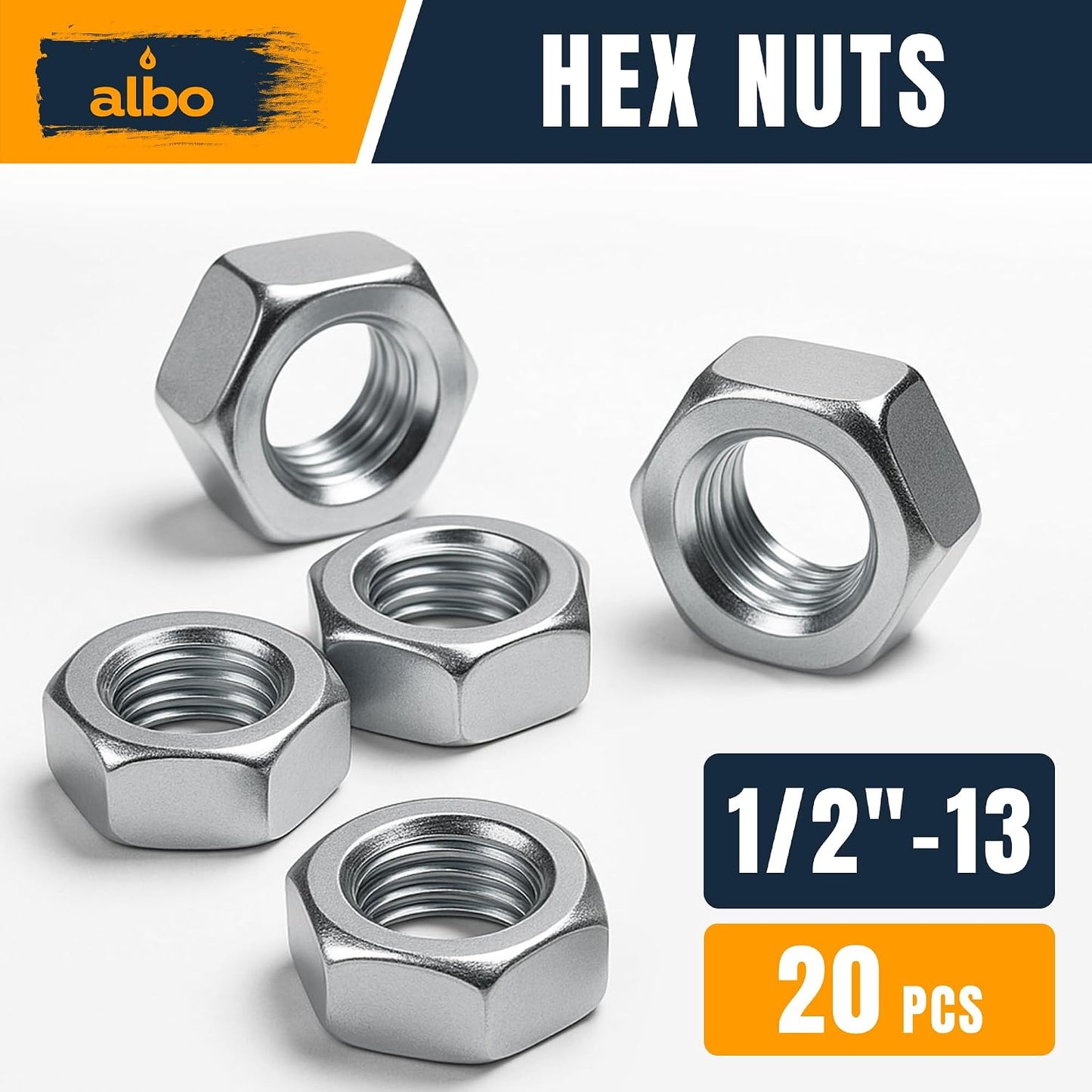 Set 20 Tuercas Hex 1/2-13 Acero Inox 304 SAE Caja Reutiliz.