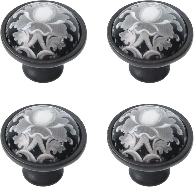 4 Pomos Cerámica Cajones 1.3pulg Blanco Negro