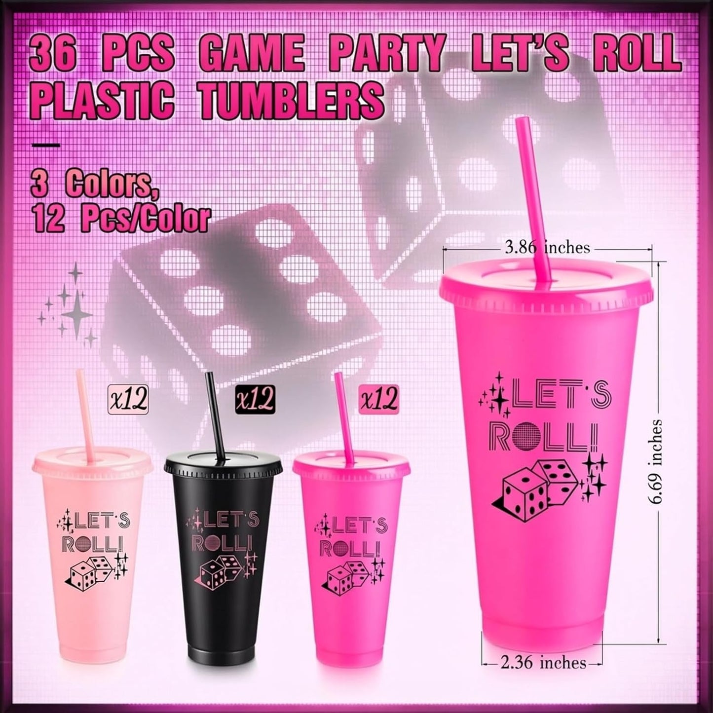36 Vasos Plástico Bunco 24oz con Tapas Pajitas para Niñas