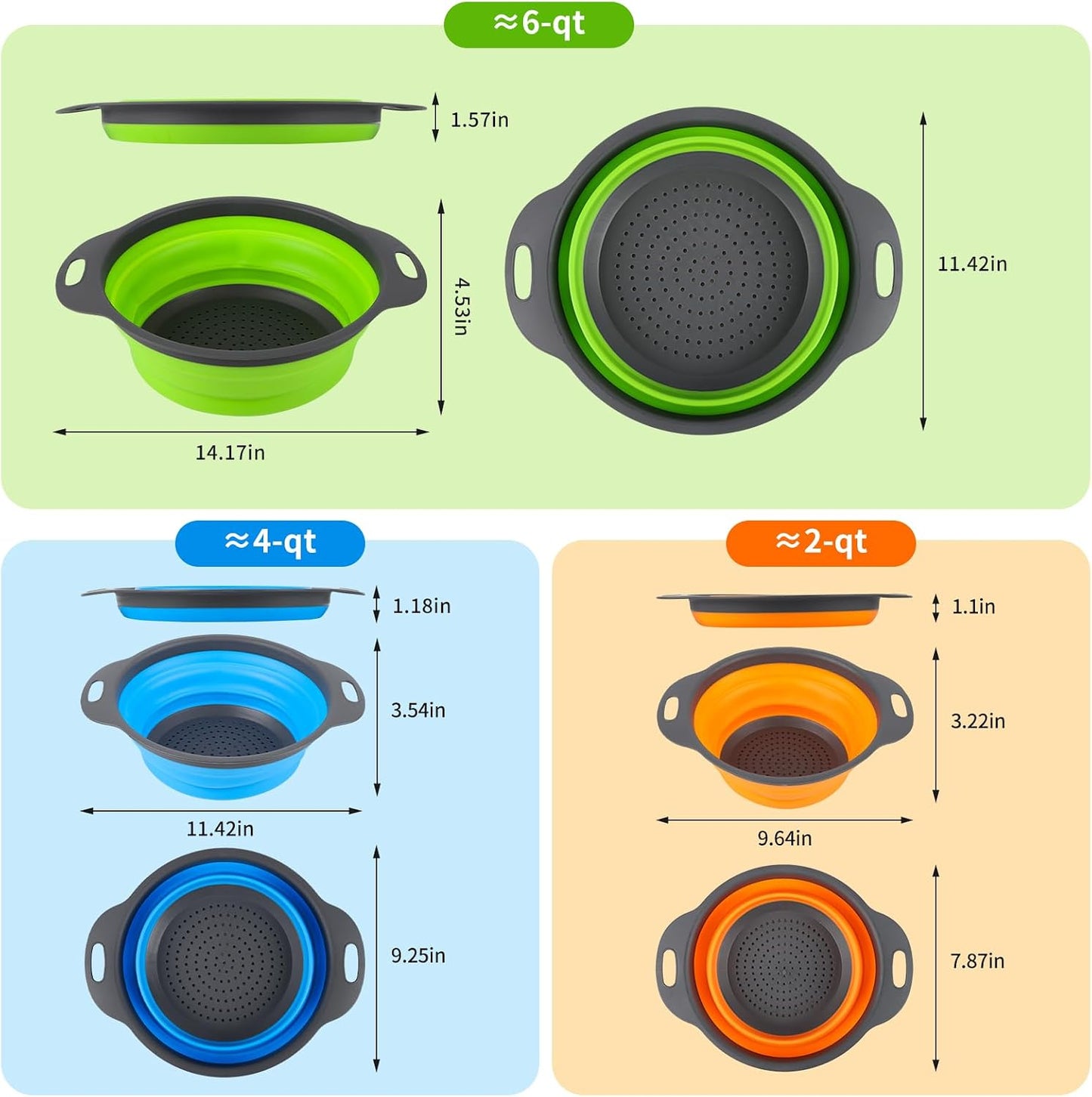 Set 3 coladores silicona 2/4/6qt plegables antiderrap