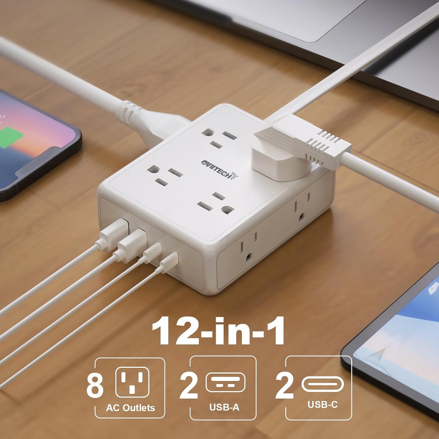 Cable extensión plano 6ft 8 salidas 4 USB oficina hogar blanco