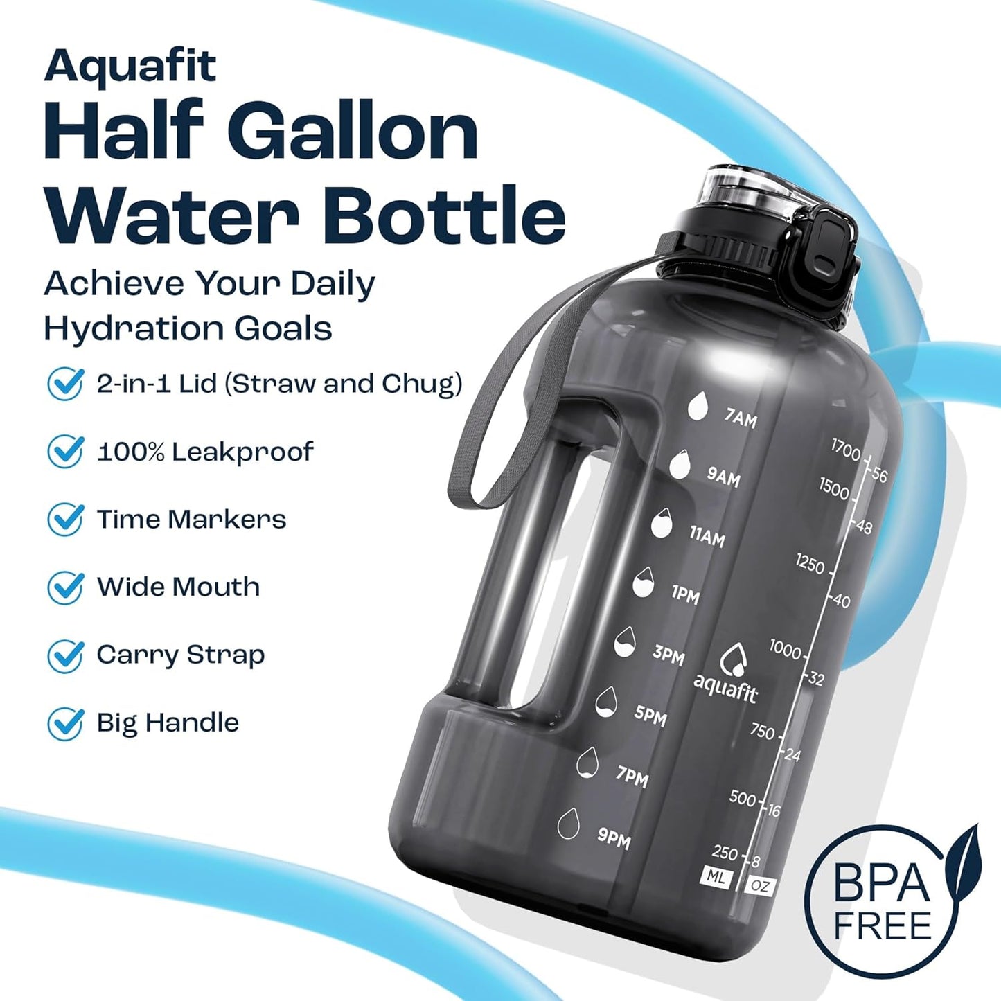 Botella agua 64oz sin BPA con pajilla tapa 2en1 azul