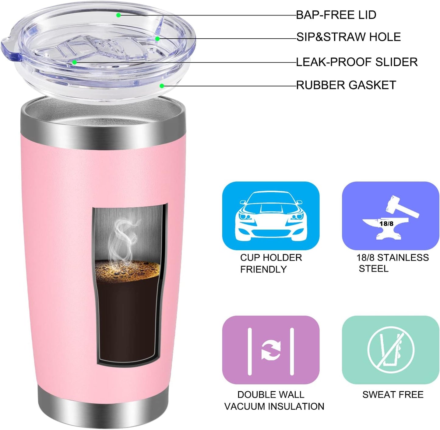 Vaso acero inox 20oz con tapa y pajita vacío térmico rosa