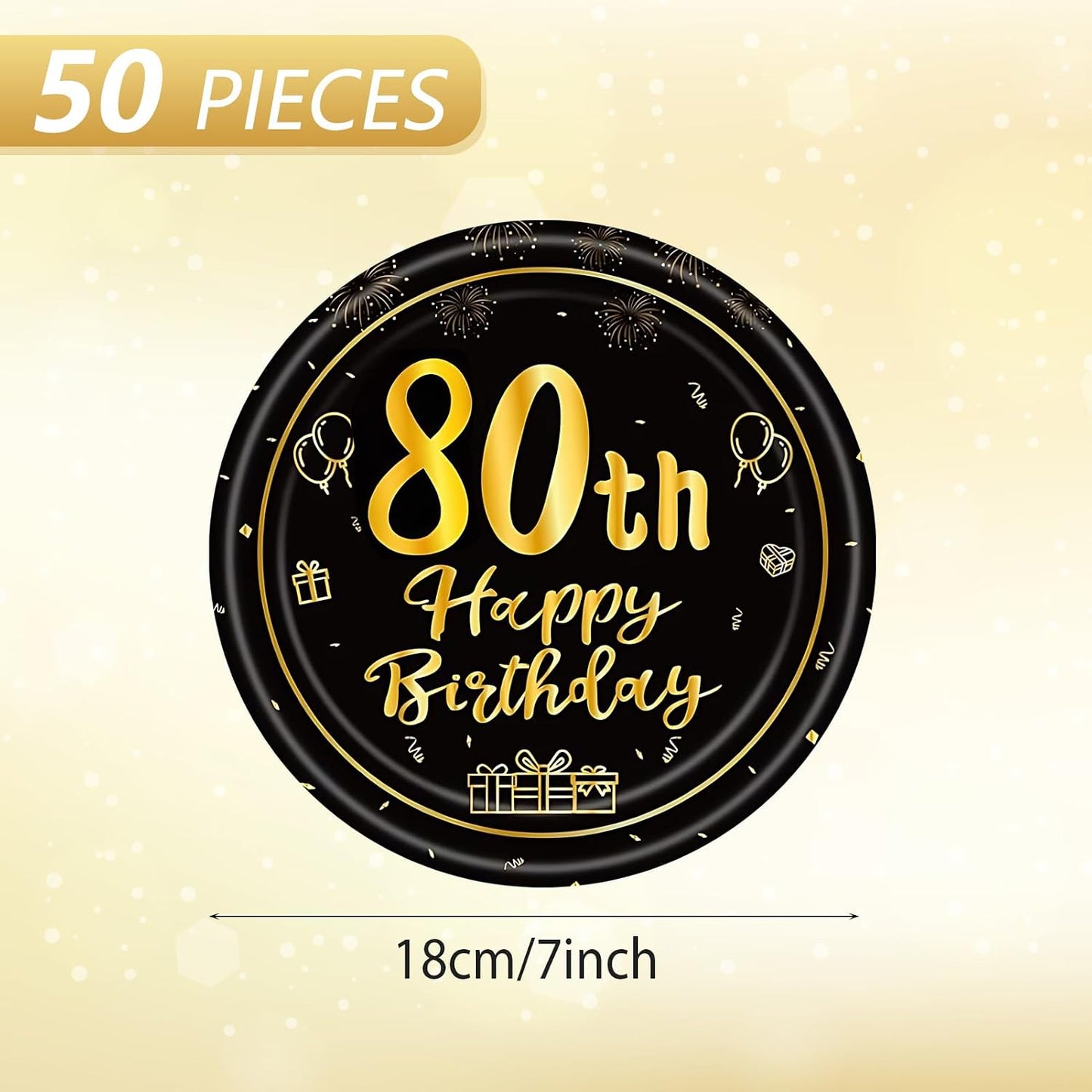 50 Platos Cumpleaños 7pulg Negro Dorado 80 Años
