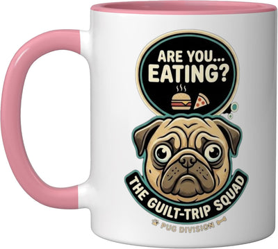 Taza cerámica para amante de la comida para perros Pug Guilt Trip Squad rosa/blanca