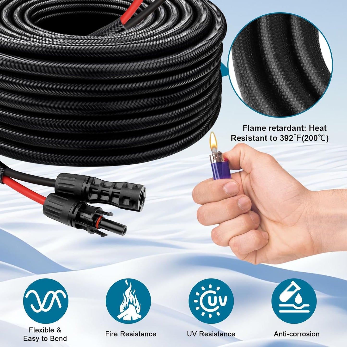 Cable solar 8AWG 20pies con conectores impermeables