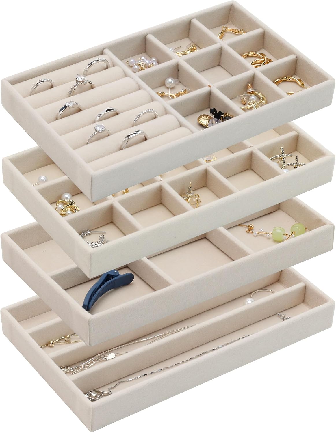 4 Pzas Bandeja Organizadora Joyas Apilable Beige