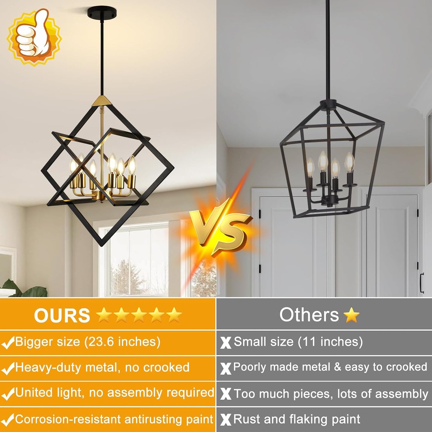 Candelabro moderno 24pulg 6 luces metal negro y dorado