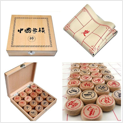 Set Xiangqi madera haya con caja y tablero cuero