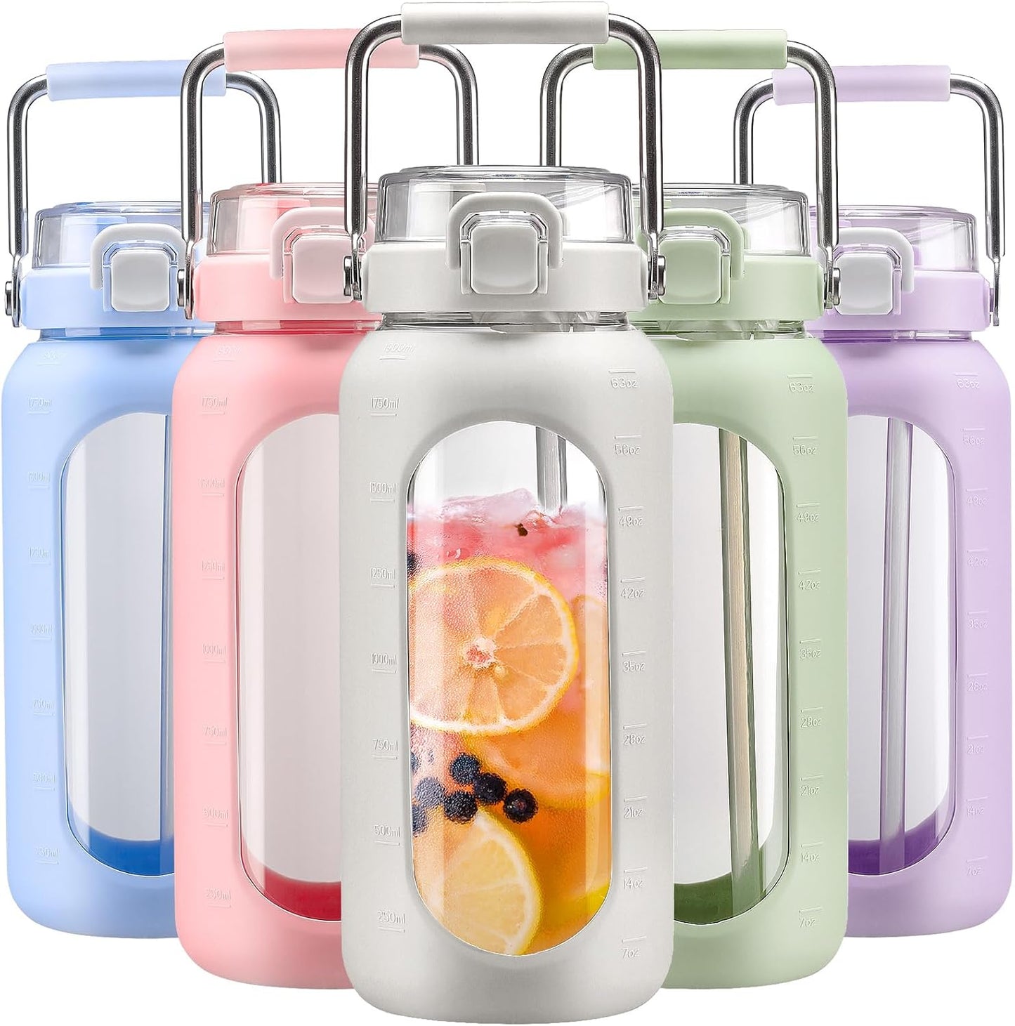 Botella agua vidrio 64oz acero inox sin BPA con funda silicona