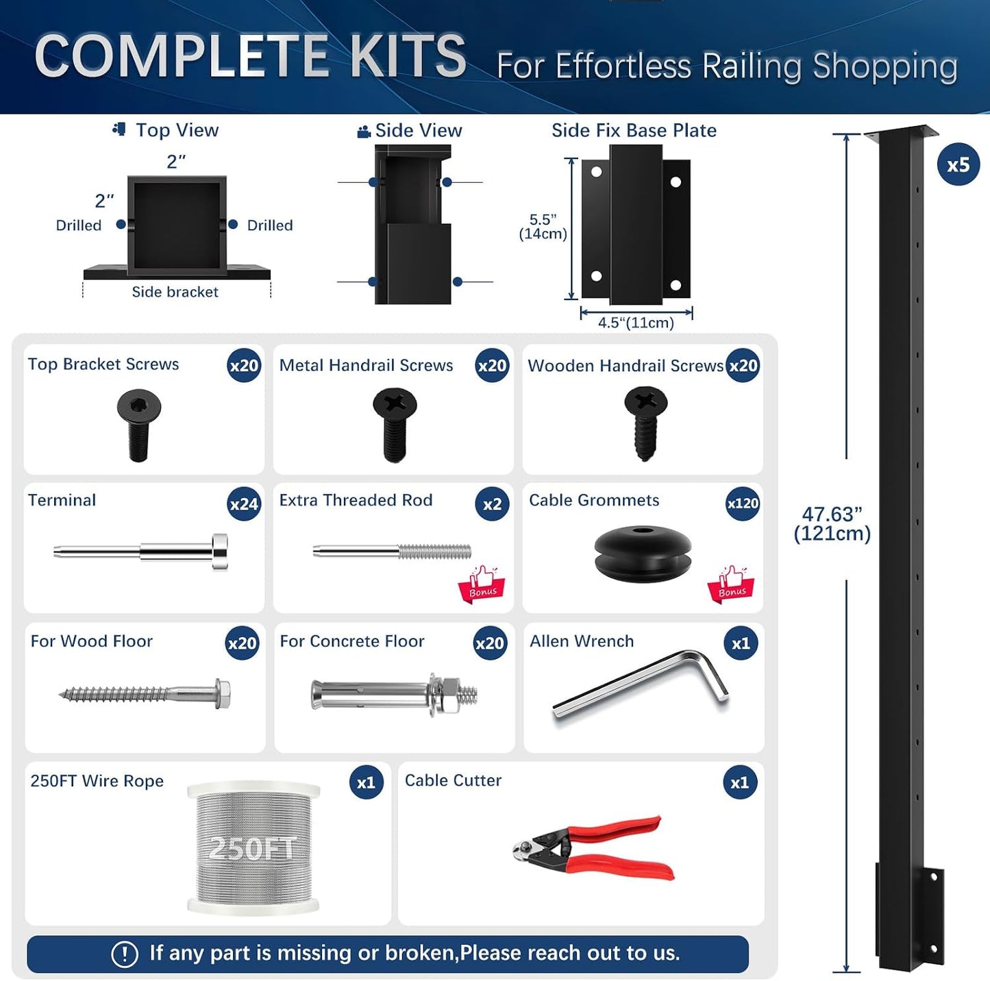 Kit barandilla cable 16-20ft poste 5 niveles acero inox