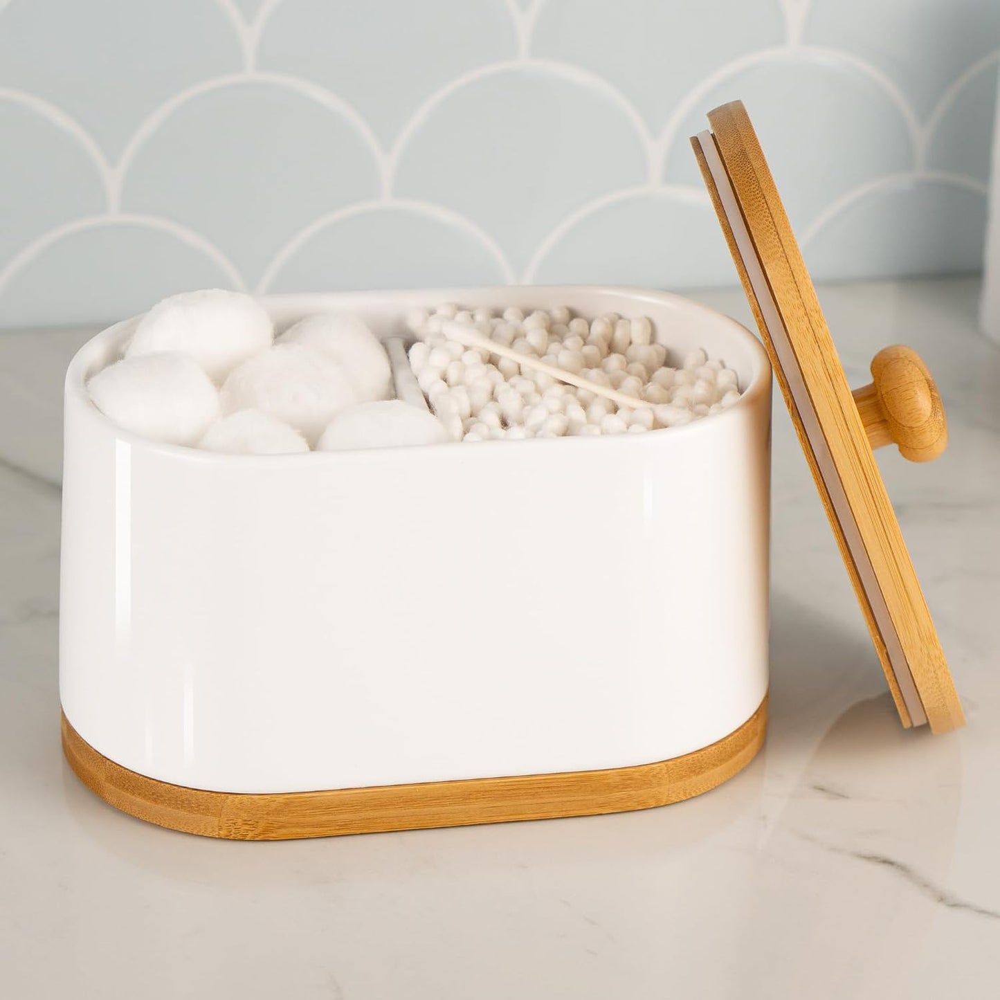 Dispensador hisopos algodón blanco doble compartimento bambú