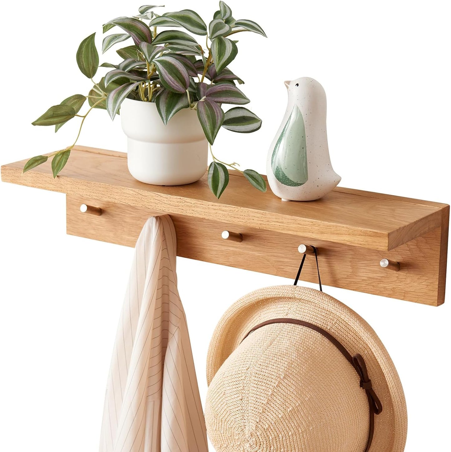Perchero madera roble 20" 5 ganchos estante flotante