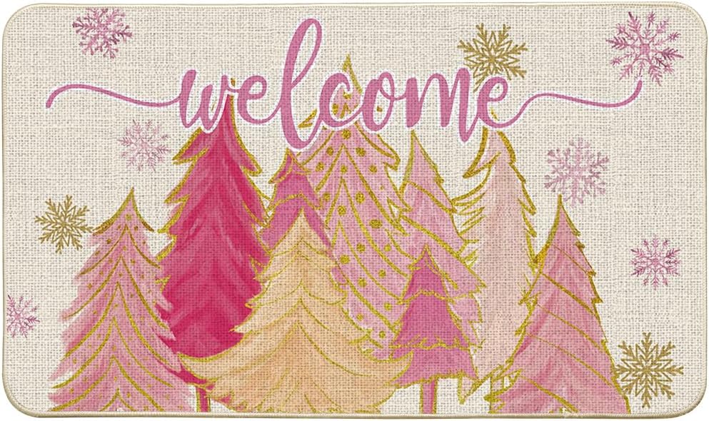 Tapete bienvenida copo nieve árbol rosa navidad 17x29pulg