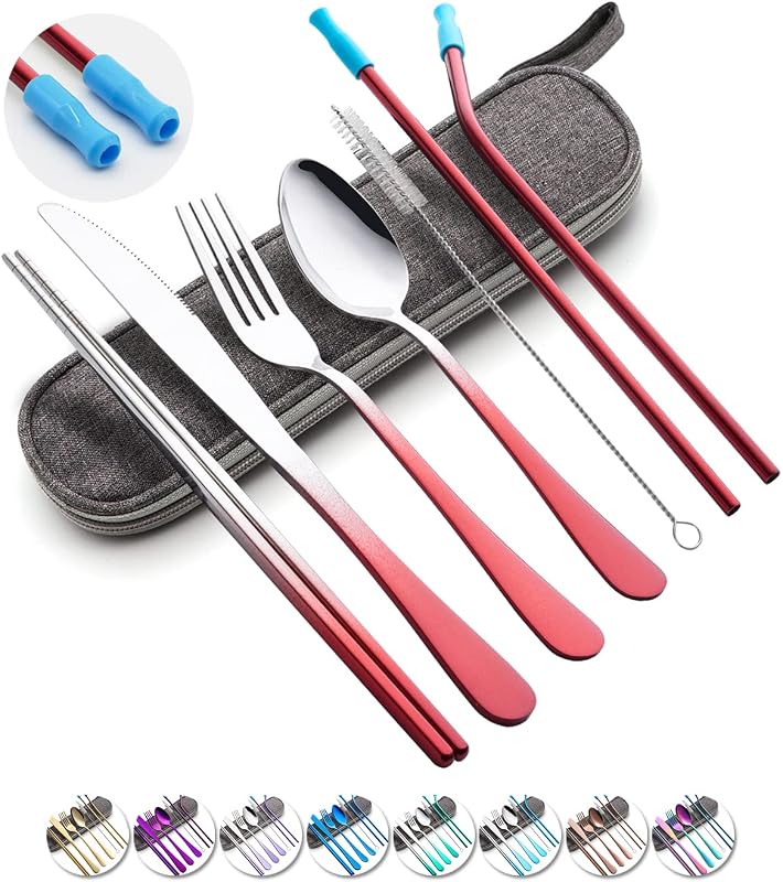 Set 8 Pzas Utensilios Viaje Acero Inox Rojo Degradado