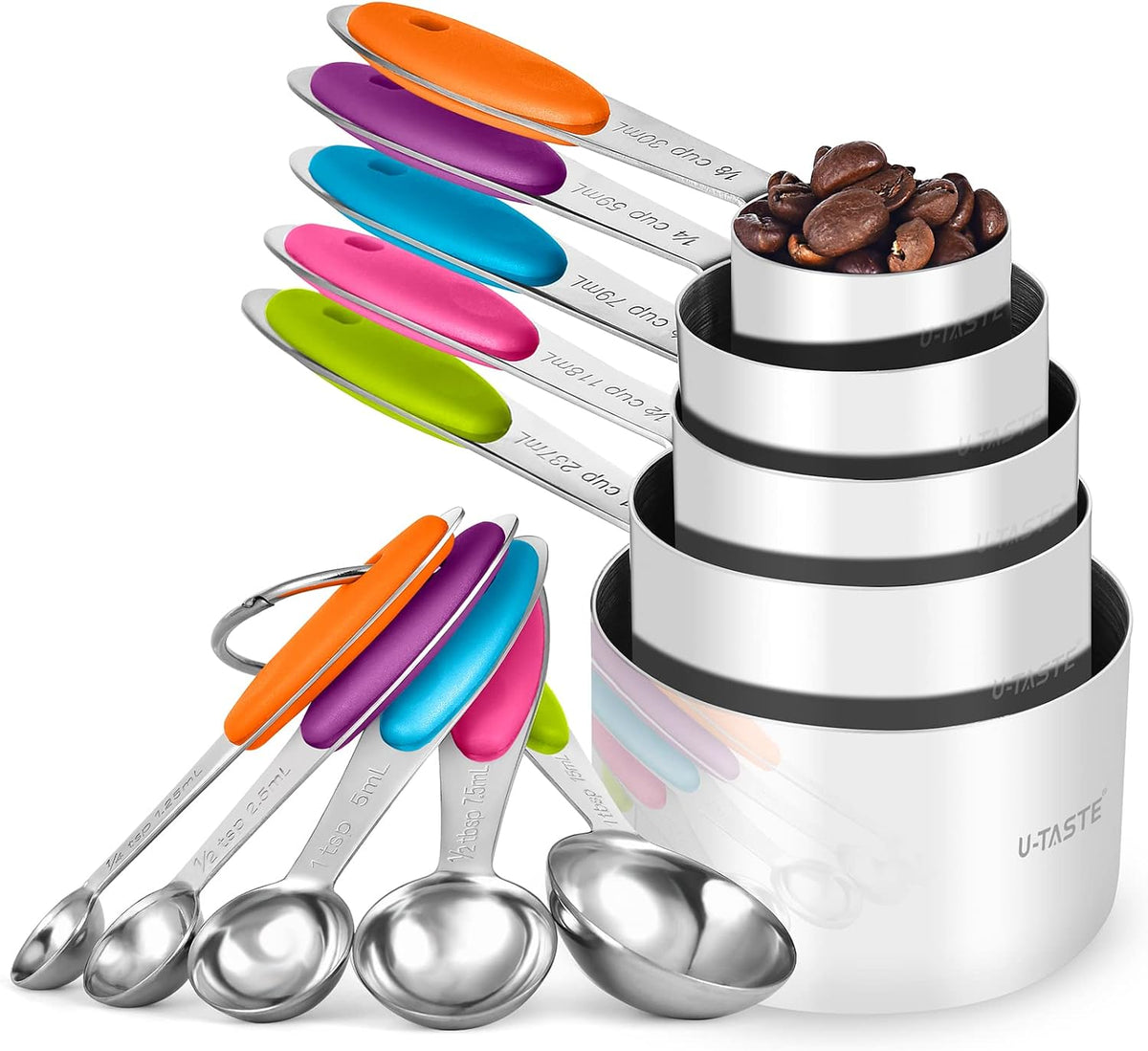 Set 10 Pzas Tazas y Cucharas Medidoras Acero Inox 18/8