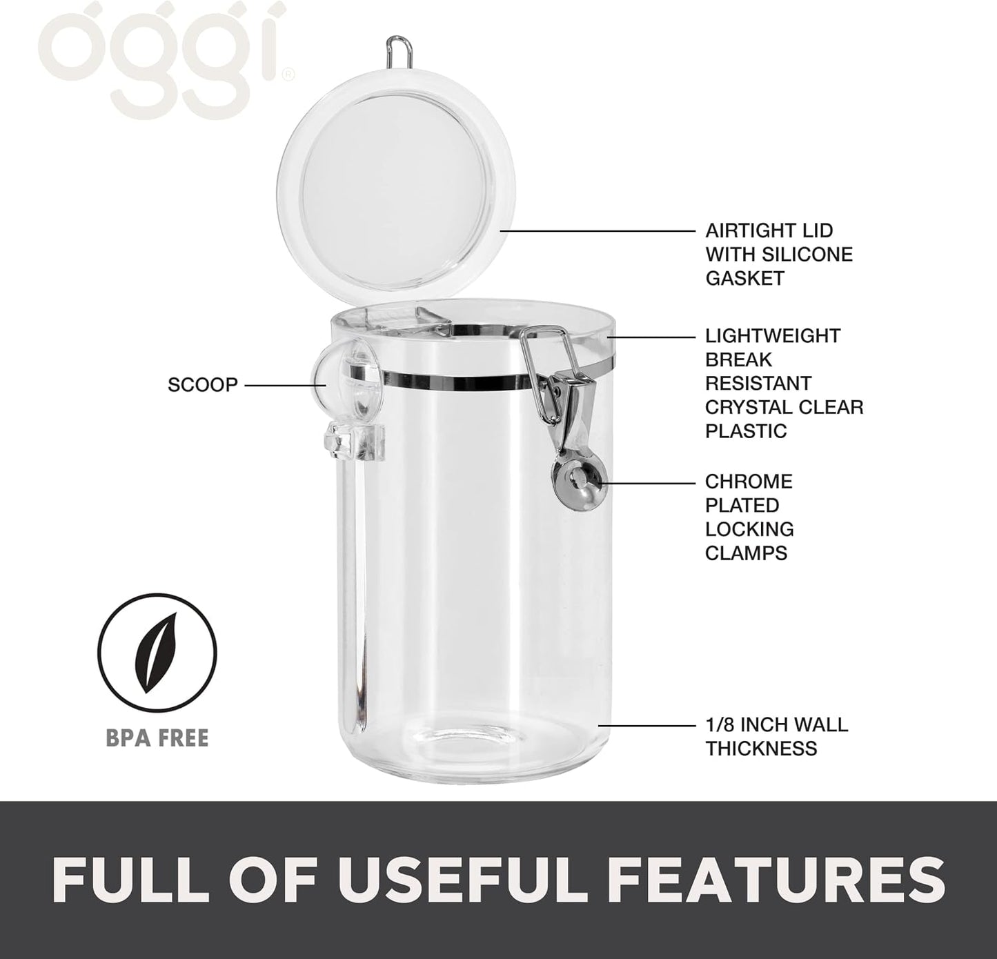 Recipiente hermético transparente 61oz con tapa y cuchara