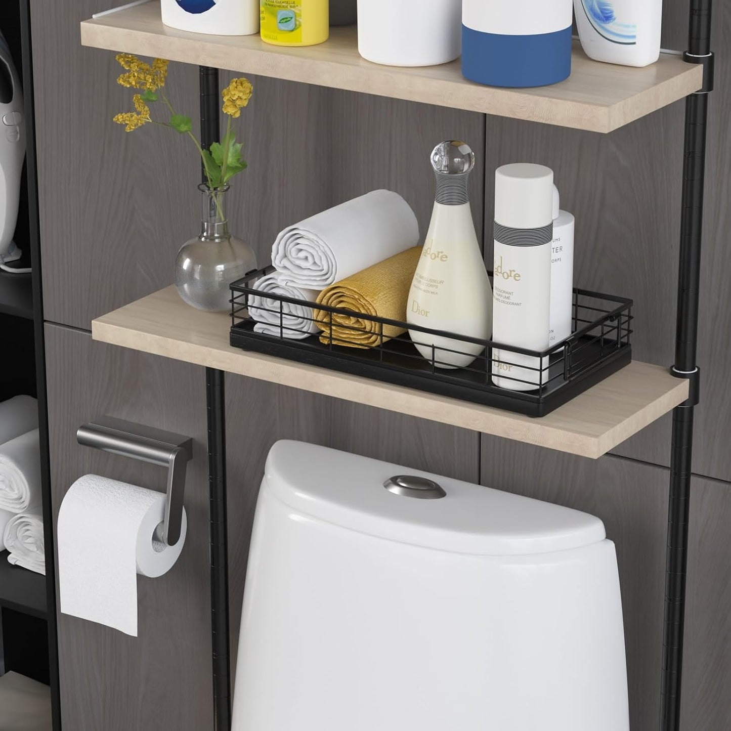 Cesta papel higiénico roble hierro bandeja inodoro negro