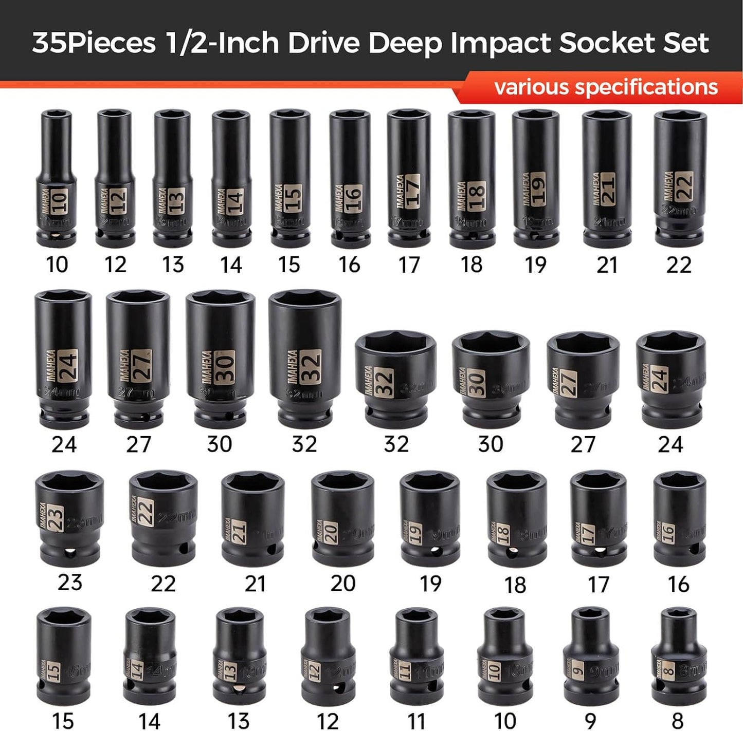 Set 35 Pzas Llaves Impacto 1/2pulg Metricas con Organiz.