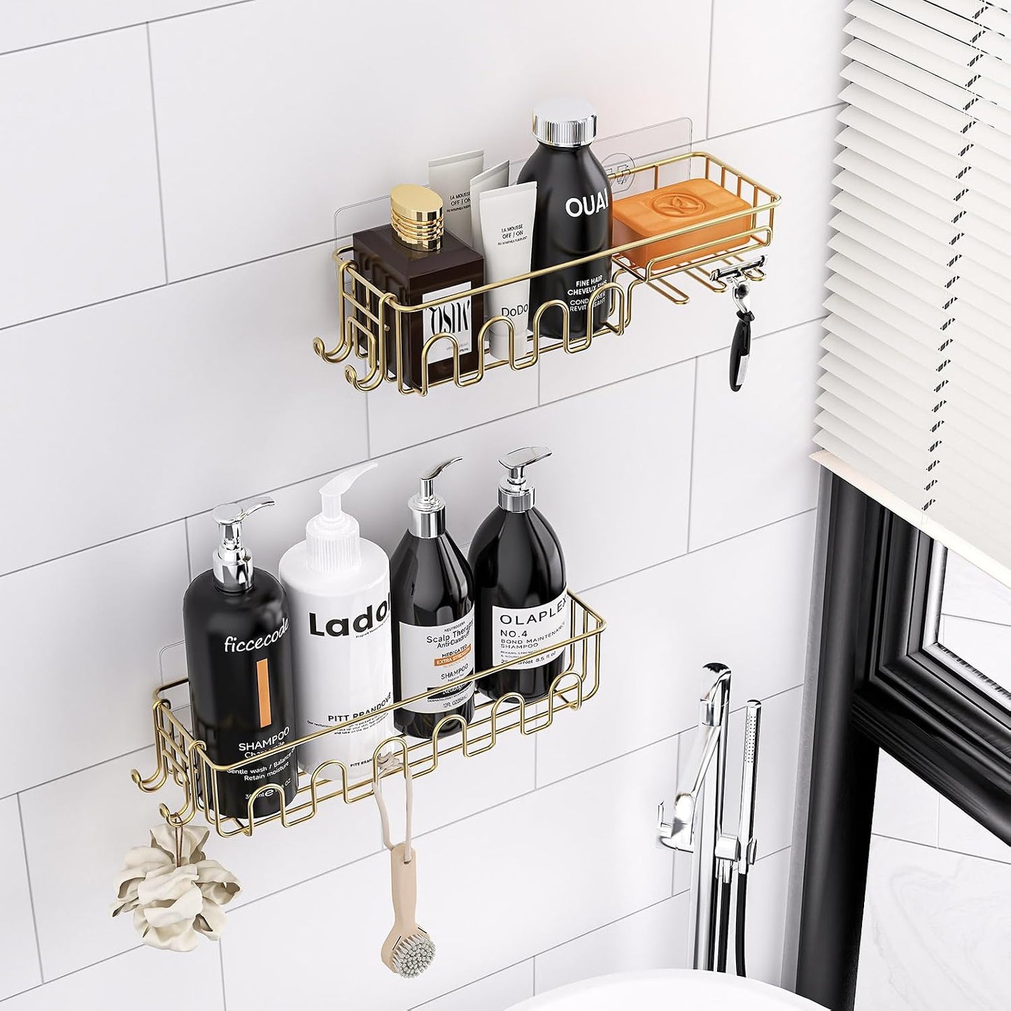 4 Organiz. adhesivos ducha baño color dorado 25lbs