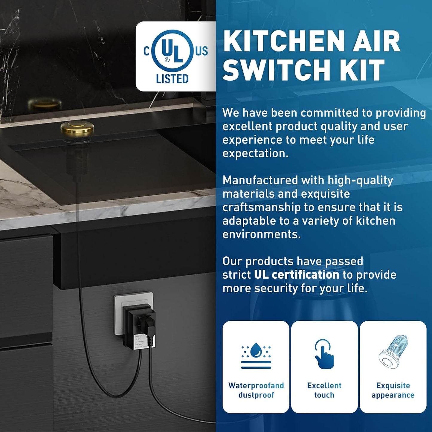 Kit interruptor aire basura fregadero acero inox negro