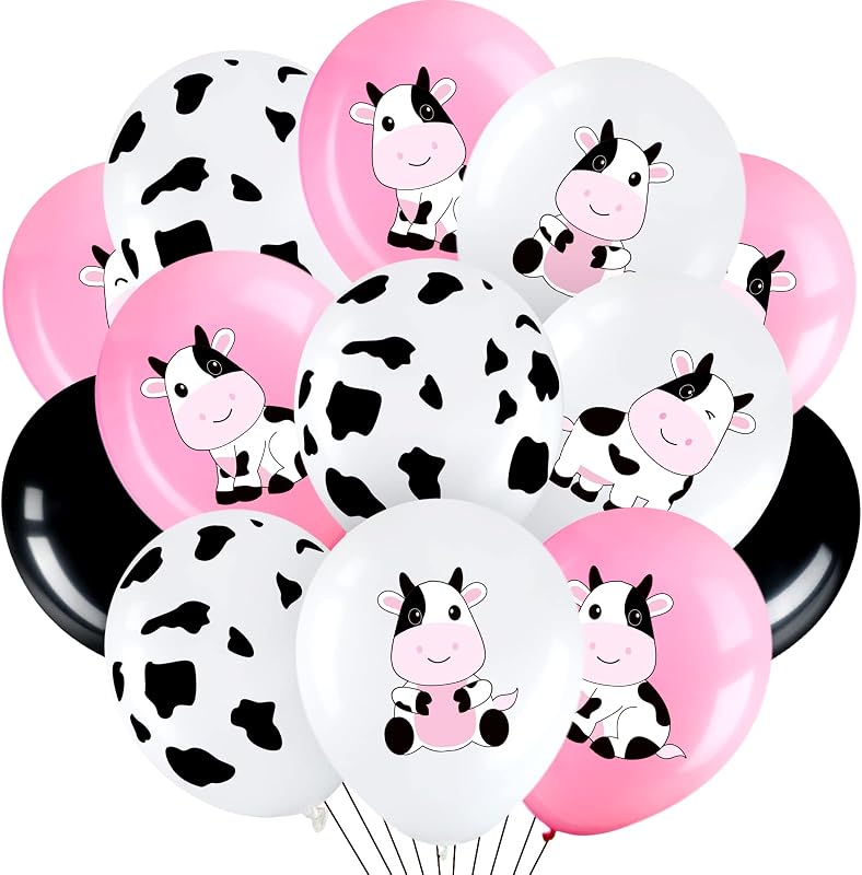 48 Globos Látex Estampado Vaca Rosa Blanco Negro