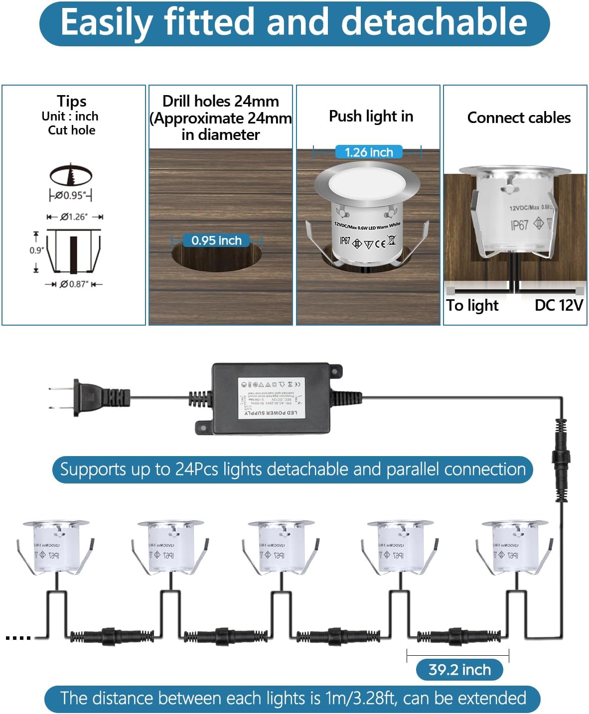 Kit 10 luces LED empotrables 12V IP67 para jardín
