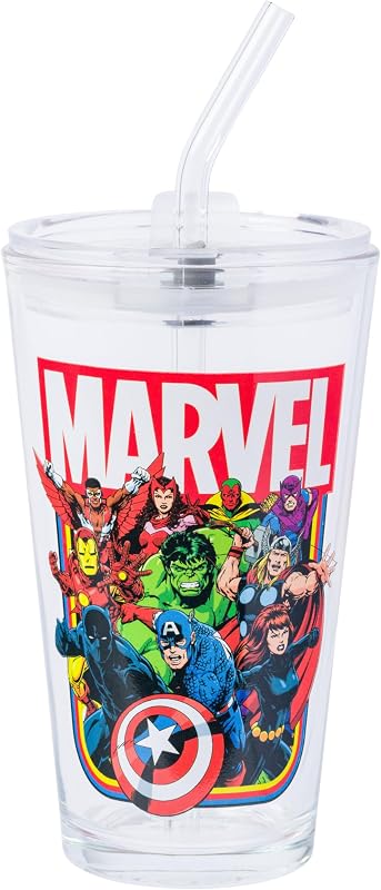 Vaso 16oz con tapa y popote cristal Marvel Avengers