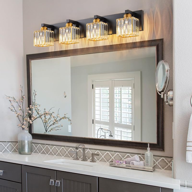 Lámpara baño cristal negro y dorado 4 luces moderna