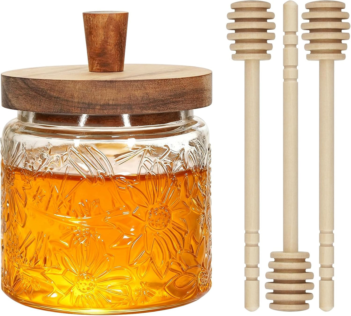 Jarra de miel de 17 oz con 3 palillos de madera para cocina y almacenamiento