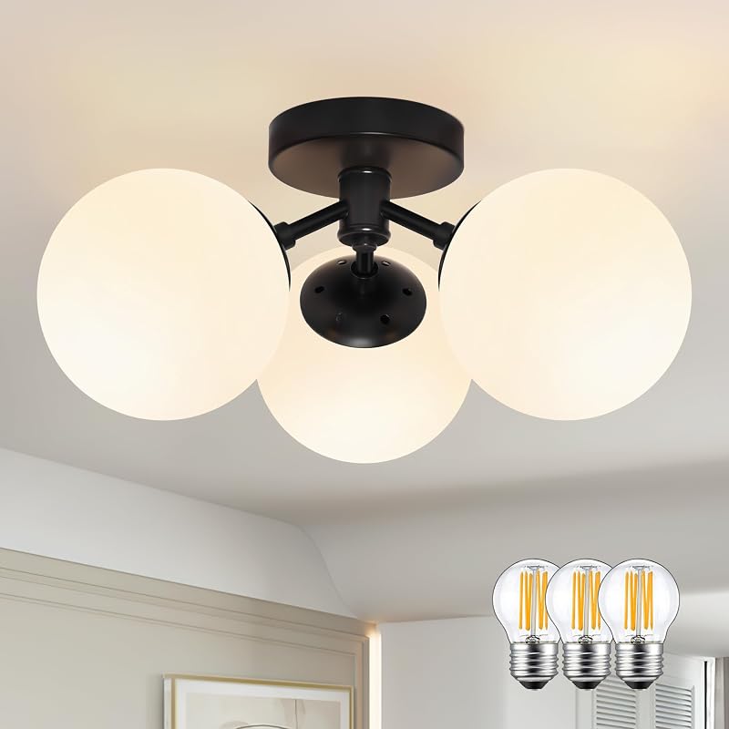 Lámpara techo 3 luces estilo sputnik negra vidrio esmerilado