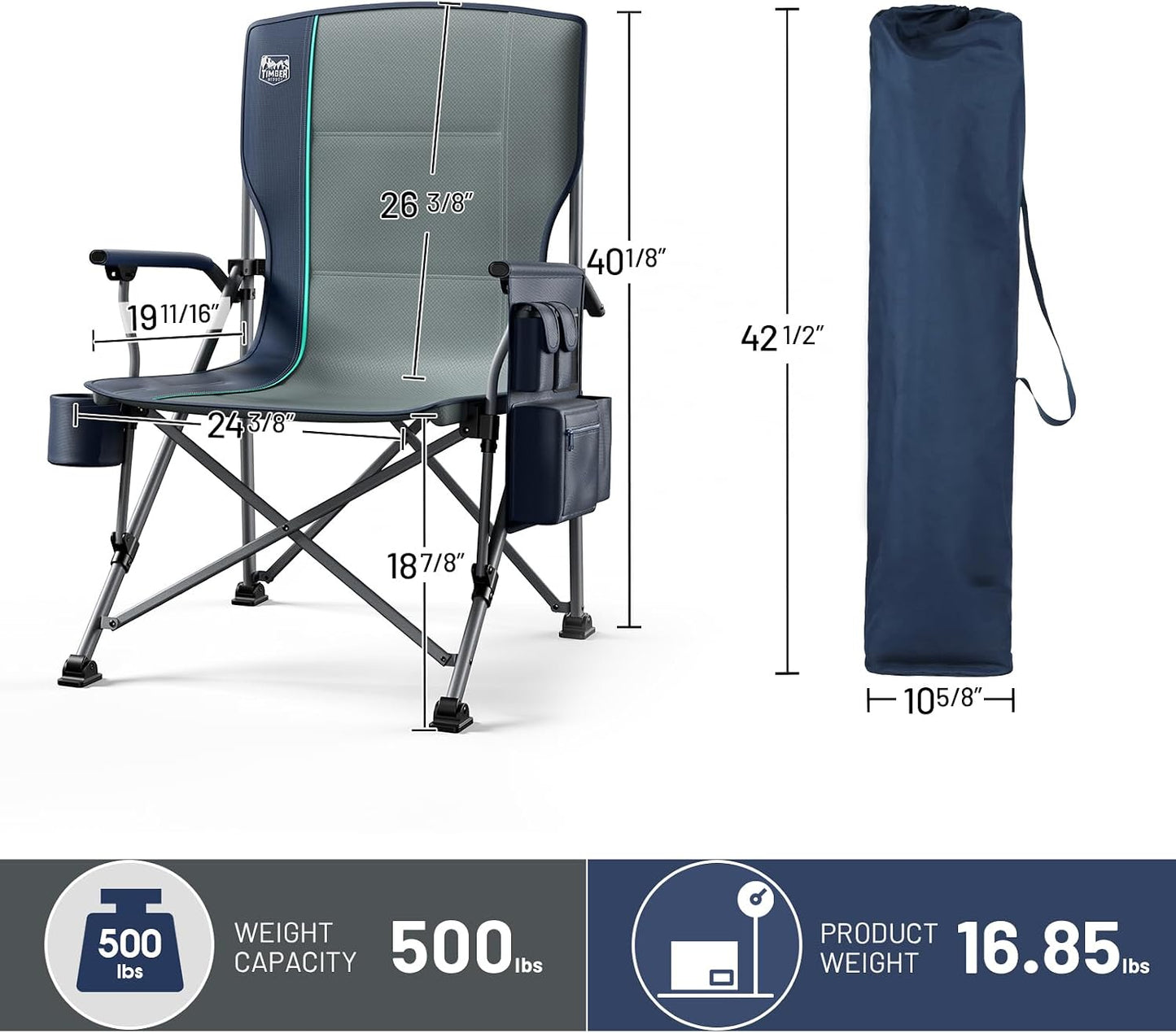Silla campamento plegable gran tamaño respaldo alto 500lb